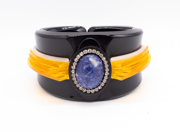 ARAMEZ, GISSA BICALHO MODERN ART DECO REVIVAL LUCITE BRACELET WITH LAPIS LAZULI