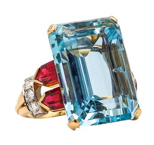 (S)-Oscar Heyman 1941 Cocktail Ring In 18Kt Gold With 21.18 Ctw In Aquamarine Rubies And Diamonds