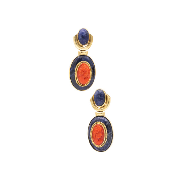ITALIAN LONG DROP EARRINGS IN 18 KT YELLOW GOLD WITH SODALITE AND RED CORAL