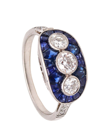 Art Deco 1930 Gem Set Ring In Platinum With 3.06 Cts In Diamonds And Sapphires