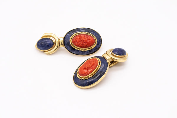 ITALIAN LONG DROP EARRINGS IN 18 KT YELLOW GOLD WITH SODALITE AND RED CORAL