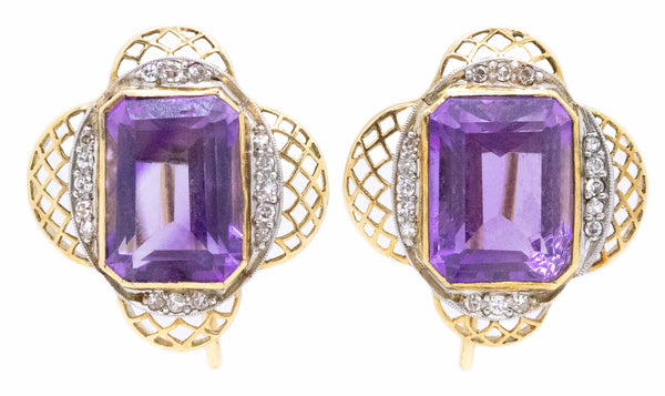 ANTIQUE 15.32 Cts AMETHYST AND DIAMONDS 14 KT EARRINGS