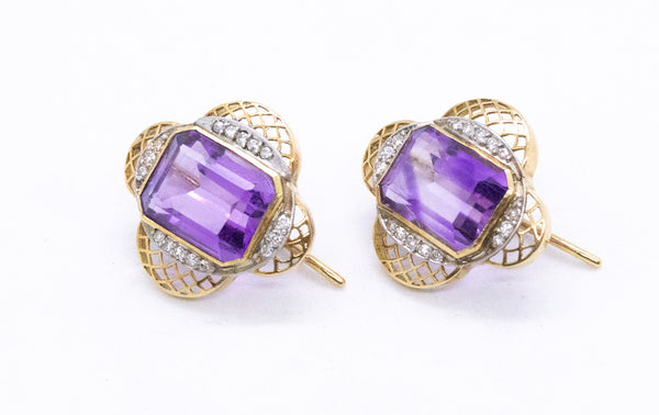 ANTIQUE 15.32 Cts AMETHYST AND DIAMONDS 14 KT EARRINGS