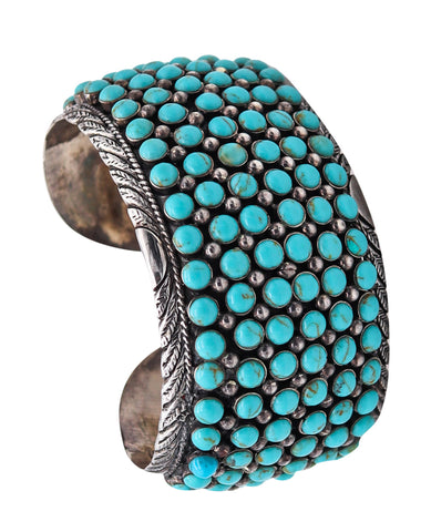 Native American 1960 Navajo Bracelet Cuff In .925 Sterling Silver With Turquoises