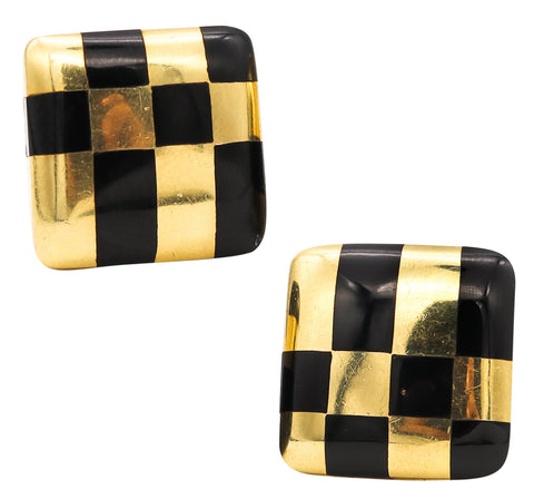 Tiffany And Co. 1982 Angela Cummings Black Jade Checkerboard Earrings In 18Kt Yellow Gold