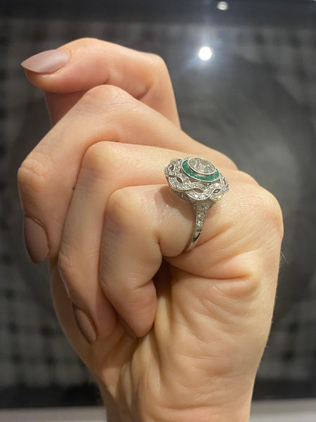 -Art Deco Classic Halo Ring In Platinum With 3.23 Ctw In Diamonds And Emeralds
