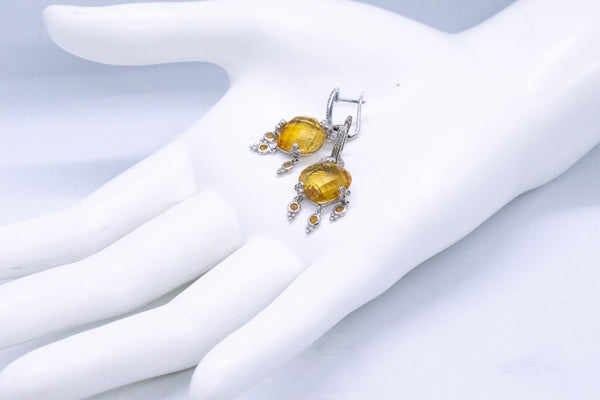 DINGING 14 KT EARRINGS HOOPS WITH 12.8 Cts ORANGE CITRINES & DIAMONDS