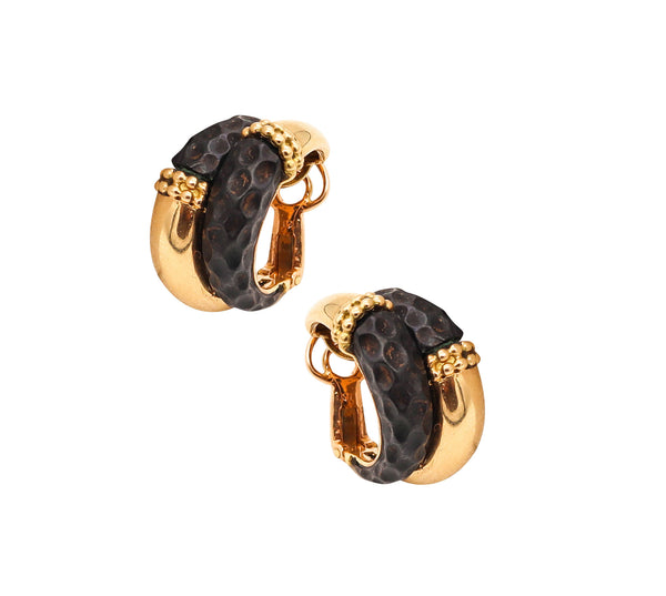 Boucheron 1970 Paris Modernism Clip Earrings In 18Kt Gold With Patinated Airain