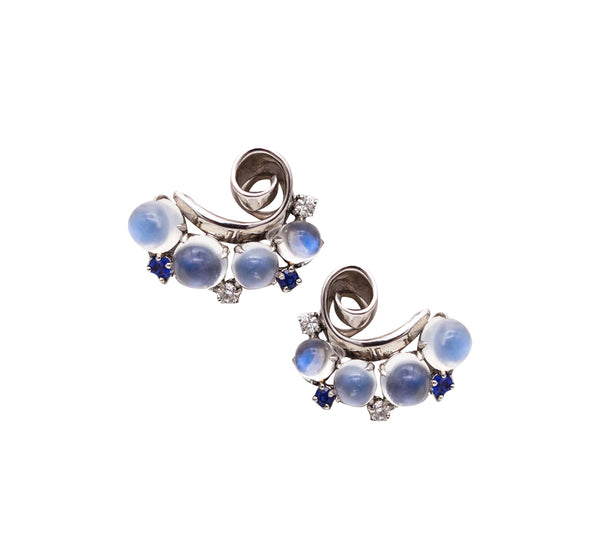 Raymond C. Yard 1943 Deco Retro Earrings In Platinum With 15.34 Ctw Moonstones Sapphires And Diamonds