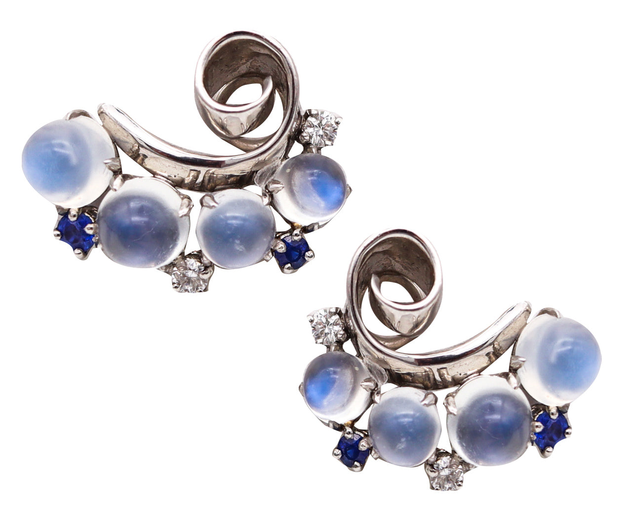 Raymond C. Yard 1943 Deco Retro Earrings In Platinum With 15.34 Ctw Moonstones Sapphires And Diamonds