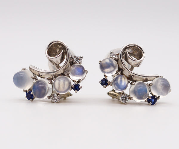 Raymond C. Yard 1943 Deco Retro Earrings In Platinum With 15.34 Ctw Moonstones Sapphires And Diamonds