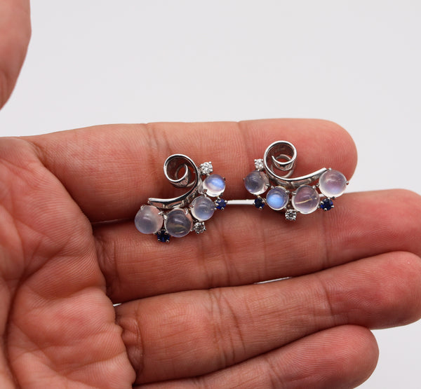 Raymond C. Yard 1943 Deco Retro Earrings In Platinum With 15.34 Ctw Moonstones Sapphires And Diamonds