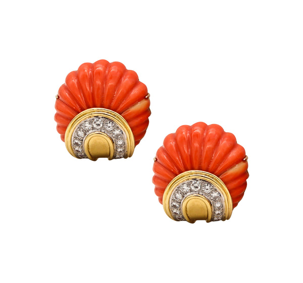 *Wander France 1960 Clip Earrings in 18 Kt Yellow Gold with 3.24 Cts in Diamonds & Coral