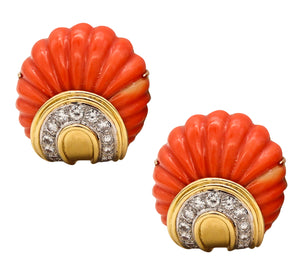 *Wander France 1960 Clip Earrings in 18 Kt Yellow Gold with 3.24 Cts in Diamonds & Coral