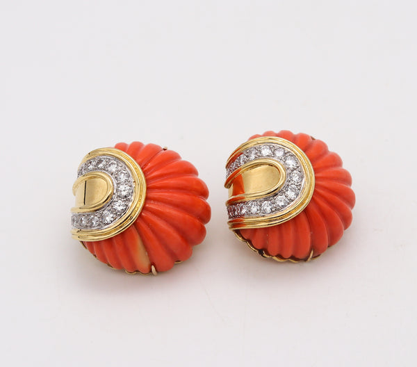 *Wander France 1960 Clip Earrings in 18 Kt Yellow Gold with 3.24 Cts in Diamonds & Coral