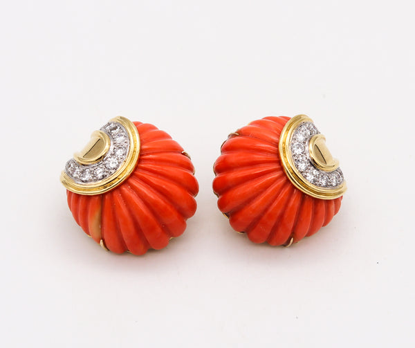 *Wander France 1960 Clip Earrings in 18 Kt Yellow Gold with 3.24 Cts in Diamonds & Coral