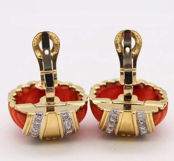 *Wander France 1960 Clip Earrings in 18 Kt Yellow Gold with 3.24 Cts in Diamonds & Coral