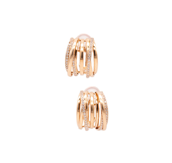 *Italian modern wired hoop-earrings in 18 kt yellow gold with 1.27 Cts in diamonds