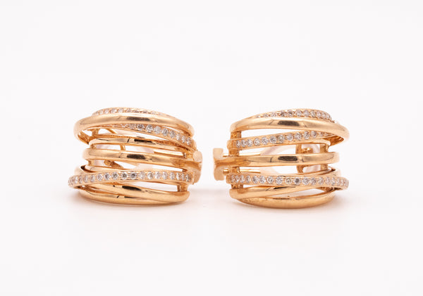 *Italian modern wired hoop-earrings in 18 kt yellow gold with 1.27 Cts in diamonds