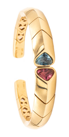 *Marina B. Bvlgari 18 kt yellow gold cuff with 5 Ctw tourmaline and aquamarine