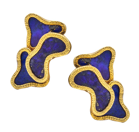 *French 1970 Ultra Modernism Clips-Earrings in 18 kt Yellow Gold With Lapis Lazuli