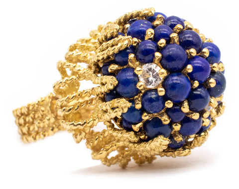 RETRO 18 KT GOLD 1960 COCKTAIL RING WITH 7.87 Cts IN DIAMONDS & LAPIS LAZULI