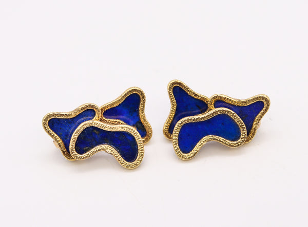 *French 1970 Ultra Modernism Clips-Earrings in 18 kt Yellow Gold With Lapis Lazuli