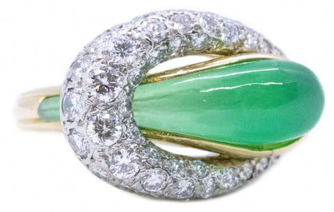 FRENCH 1950 GOLD & PLATNUM RING WITH 9.05 Cts CHRYSOPRASE AND DIAMONDS