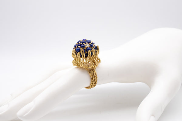 RETRO 18 KT GOLD 1960 COCKTAIL RING WITH 7.87 Cts IN DIAMONDS & LAPIS LAZULI