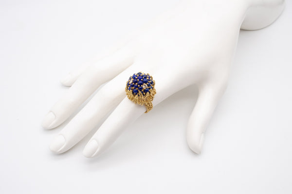 RETRO 18 KT GOLD 1960 COCKTAIL RING WITH 7.87 Cts IN DIAMONDS & LAPIS LAZULI