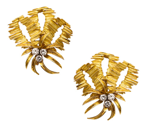 George L'Enfant 1960 Paris Rare Textured Earrings In 18Kt Gold With Cts VS Diamonds