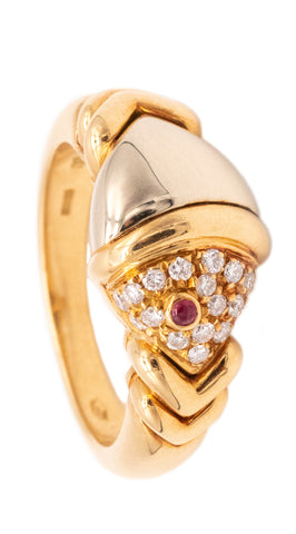Bvlgari Roma Fish Pesce Ring In 18Kt Two Tones Gold With Diamonds And Ruby
