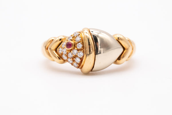 Bvlgari Roma Fish Pesce Ring In 18Kt Two Tones Gold With Diamonds And Ruby