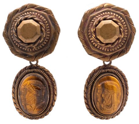 STEPHEN DWECK 1992 RETRO EARRINGS WITH TIGER EYE CARVINGS