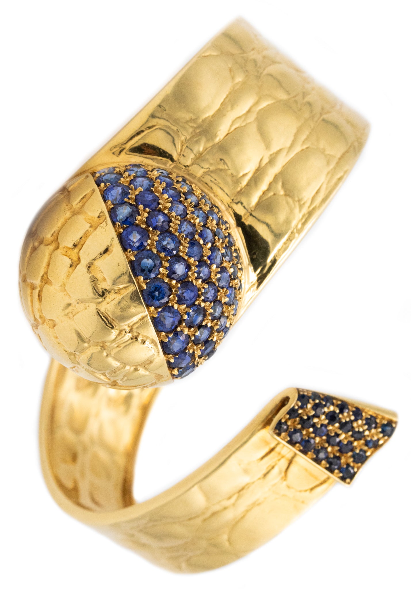 *Gucci 1970 Milan retro 18 kt yellow gold wrist-arm cuff with 8.96 Ctw of Ceylon sapphires