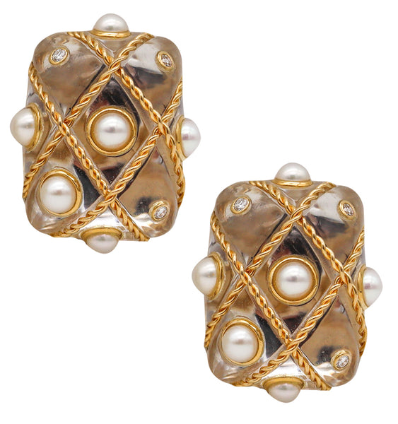 Trianon By Seaman Schepps  Rock Quartz Caged Clip Earrings In 18Kt Gold With Diamonds And Pearls