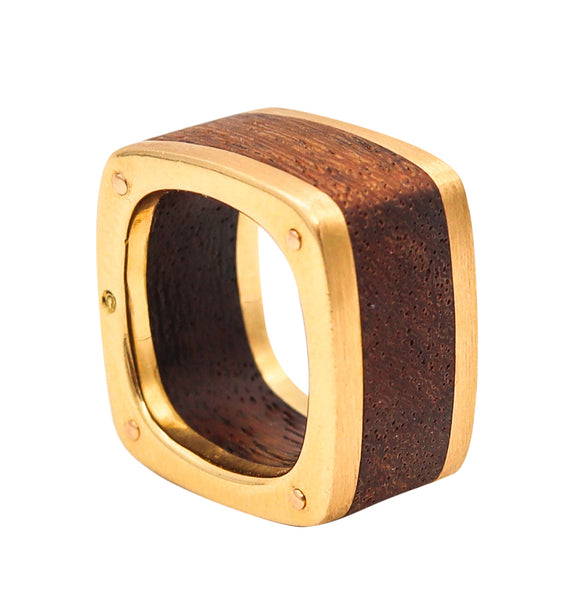 Cartier Paris 1970 Dinh Van Squared Ring In 18 Kt Yellow Gold With Rose Wood