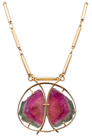 *Karl Stittgen Canadian modernist necklace in 18 kt yellow gold with watermelon tourmaline