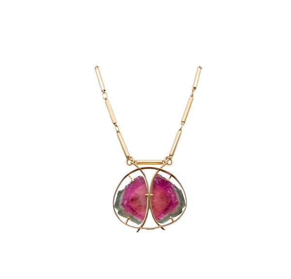 *Karl Stittgen Canadian modernist necklace in 18 kt yellow gold with watermelon tourmaline