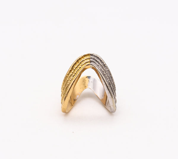 Bvlgari 1970 Roma Rare Geometric Textured Ring In Two Tones Of 18Kt Gold