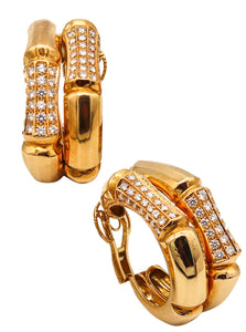 French 1970 Bamboo Pattern Hoops Earrings In 18Kt Gold With 5.72 Ctw In VS Diamonds