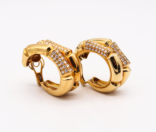French 1970 Bamboo Pattern Hoops Earrings In 18Kt Gold With 5.72 Ctw In VS Diamonds