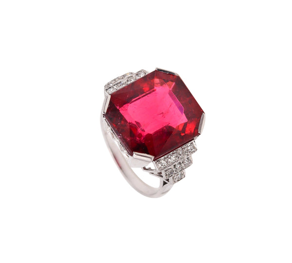 Souteyrand Paris 1920 Art Deco Cocktail Ring In Platinum With 15.04 Cts In Red Rubellite & Diamonds