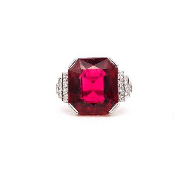 Souteyrand Paris 1920 Art Deco Cocktail Ring In Platinum With 15.04 Cts In Red Rubellite & Diamonds