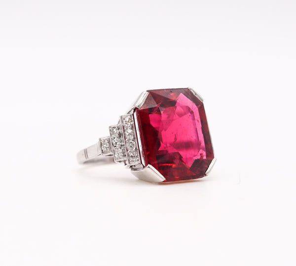 Souteyrand Paris 1920 Art Deco Cocktail Ring In Platinum With 15.04 Cts In Red Rubellite & Diamonds