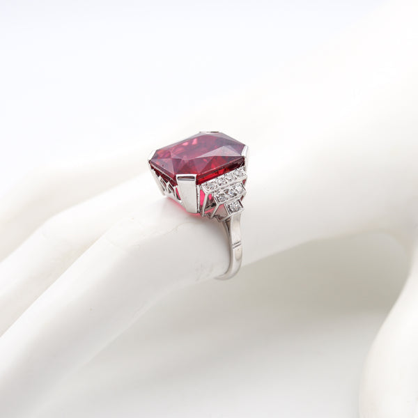 Souteyrand Paris 1920 Art Deco Cocktail Ring In Platinum With 15.04 Cts In Red Rubellite & Diamonds