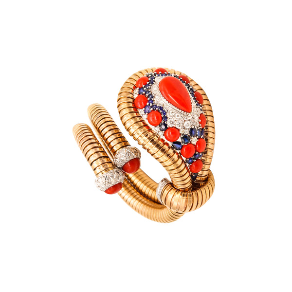 *Italian 1970 Retro Tubogas Bangle-Bracelet in 18 kt Gold with 44.39 Cts in Diamonds Sapphires & Corals