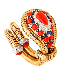 *Italian 1970 Retro Tubogas Bangle-Bracelet in 18 kt Gold with 44.39 Cts in Diamonds Sapphires & Corals