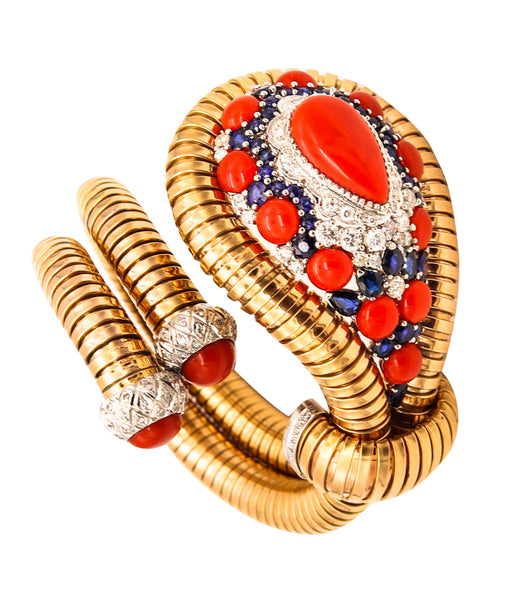 *Italian 1970 Retro Tubogas Bangle-Bracelet in 18 kt Gold with 44.39 Cts in Diamonds Sapphires & Corals