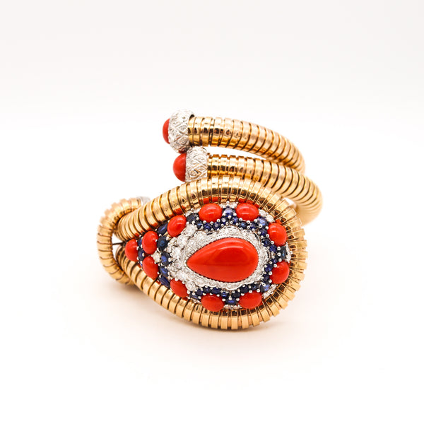 *Italian 1970 Retro Tubogas Bangle-Bracelet in 18 kt Gold with 44.39 Cts in Diamonds Sapphires & Corals